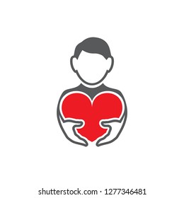 Vector illustration an avatar of the young man who holds red heart. Set of vector symbols. Recognition of the guy or man in love. Flat design Monochrome