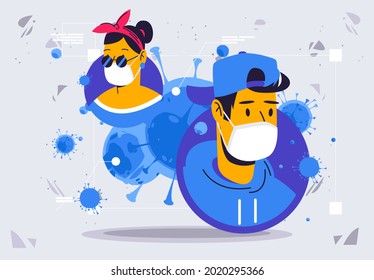 Vector illustration of avatars of the face of a man and a woman in medical masks against the background of virus bacteria, personal protective equipment against the spread of the pandemic