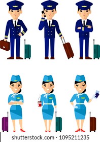 Vector illustration of aviation profession crew, pilot and stewardess with luggage in flat style. Set of people aviation, pilot and stewardess with baggage in different poses
