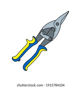Vector illustration aviation snips for cutting metal sheet with yellow handle isolated on white background. Hand tool.