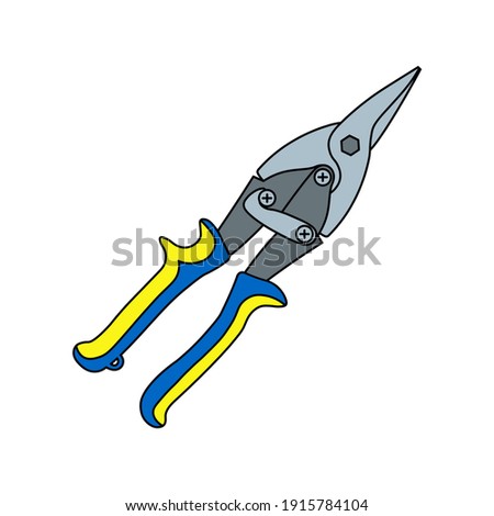 Vector illustration aviation snips for cutting metal sheet with yellow handle isolated on white background. Hand tool.