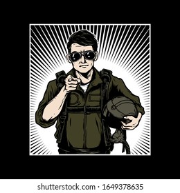 Vector illustration of aviator wear sunglasses and bring helmet