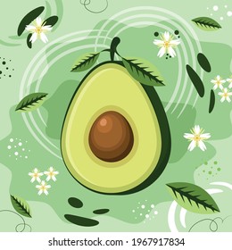 Ilustración vectorial del aguacate con elementos abstractos y flores