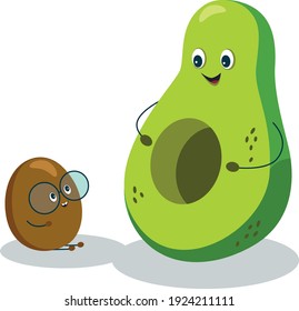 Vector illustration of avocado with baby in cartoon style, Avocado mom with her babybone, Happy avocado family 