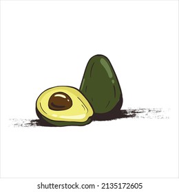 Vector illustration of an avocado with a brushstroke of paint. Isolated icon on white background.