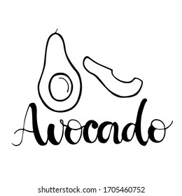  Vektorillustration. Avocado-Kalligrafie. Handgeschriebene Inschrift. Modernes Schriftstück. Avocado Logo-Schrift. Design für Logo, Menü, Paket, Banner, Karten.