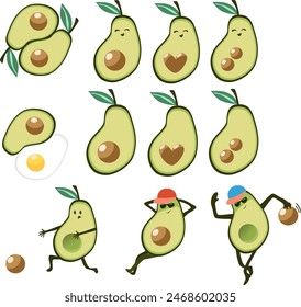 Ilustración vectorial aguacate en gorra jugando a los bolos con su propio hueso y futbol. Un aguacate con una hoja tiene un corazón en lugar de una semilla. Yang Ying culinario con huevos revueltos fritos y aguacate.