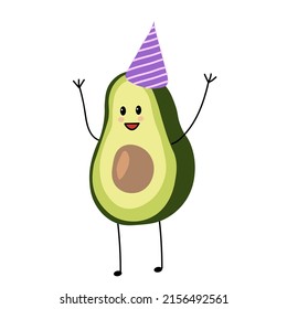 Vector illustration of an avocado character in a festive cap. Avocado birthday card