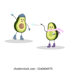 Ilustración vectorial de personajes de aguacate jugando bolas de nieve y patinaje. Ilustración de juegos de invierno. Esparcimiento activo en invierno. Clipart para imprimir en postales