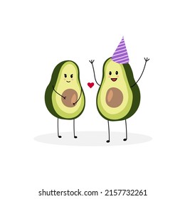 Vector illustration of avocado characters rejoice in pregnancy. Cute avocado characters