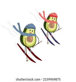 Vector illustration of avocado characters skiing together. Boy and girl are skiing. Avocado clipart for print