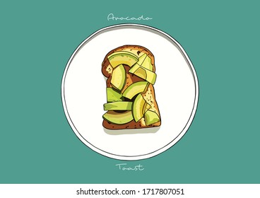 Vector Illustration of Avocado Crisp Toast, whole wheat bread