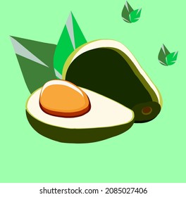 Vektorgrafik für Avocado. Schneide Obst im Vordergrund. Im Hintergrund ein solides, dunkelgrünes Avocado.