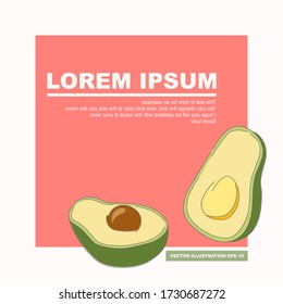 Ilustración vectorial de un aguacate cortado por la mitad. Sencillo estilo plano con contorno y colores pastel. Con espacio de copia para diseño, blogueo, elementos decorativos.