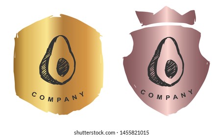 Vector Illustration of Avocado Fruit Food  with Rose Gold and Gold Banner or Background. Graphic Design for Logo and T-shirt.