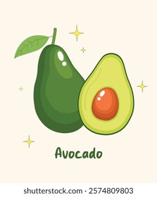 Vector illustration of an avocado fruit and a slice of avocado with green leaf, avocado for children's book, food-related designs, or as a logo element