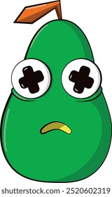 Vector illustration of an avocado with a funny expression and cross-shaped eyes. Perfect for comic designs, creative projects, and food-related fun characters.