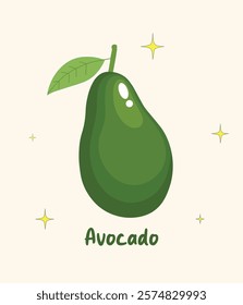 Vector illustration of an avocado with green leaf for children's book