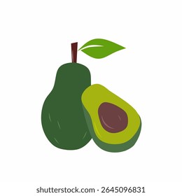 Vector illustration of Avocado, half sliced avocado with green leaves vector illustration.