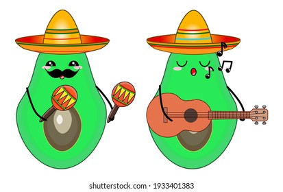 Vector illustration of avocado halves in cartoon kawaii style, with emoji faces. Avocado in Mexican sombreros and marcases and ukulele in hands. Can be used individually. 