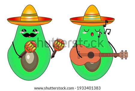 Vector illustration of avocado halves in cartoon kawaii style, with emoji faces. Avocado in Mexican sombreros and marcases and ukulele in hands. Can be used individually. 