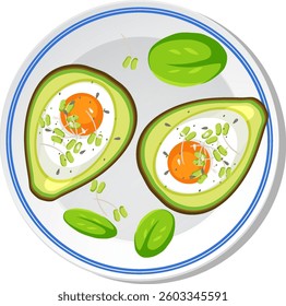 Vector illustration of avocado halves with eggs and greens on a plate. Bright colors and clean lines create a fresh look