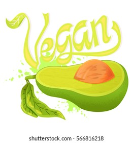Vector illustration of avocado. Isolated on white. Green avocado fruit sketch with text isolated on white background for health food concept design.