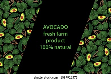 vector illustration of avocado and leaf design background black and vegetable and text fresh farm product 100% natural EPS10