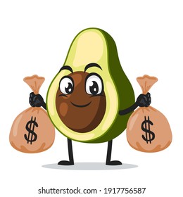 Vektorgrafik von Avocado-Maskottchen oder Zeichensäcken mit Geldbeutel