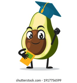 vector illustration of avocado mascot or character graduation hat and holding book