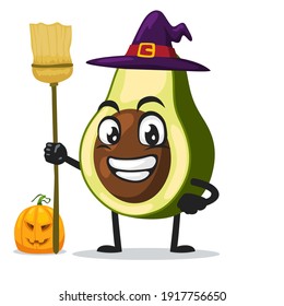 vector illustration of avocado mascot or character wearing witch costume and holding broom