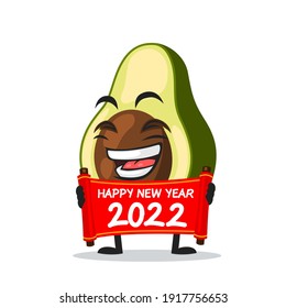 vector illustration of avocado mascot or character holding red scroll and say happy new year