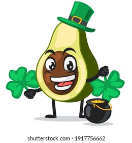 vector illustration of avocado mascot or character wearing shamrock hat