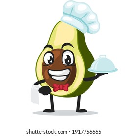 vector illustration of avocado mascot or character wearing chef hat and serve food
