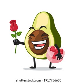 vector illustration of avocado mascot or character give flower and holding pink gift