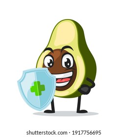 vector illustration of avocado mascot or character holding shield for protection