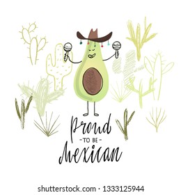 Vector illustration. Avocado Mexican . Quote and drawing. Freehand drawing avocado and letter. Cactus background.