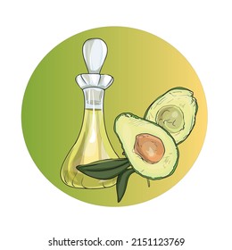 Vector illustration of avocado oil. Sliced ​​avocado as an emblem, logo, blank for designers