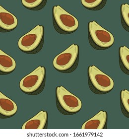 Vector illustration of avocado on green background. Tropical summer exotic fruits. Avocado background.Use for print, textile, posters, wallpapers, cards, prints and websites.