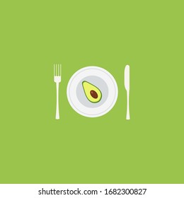 Vector illustration of Avocado on the plate with fork and knife. Clean Eating diet Concept.