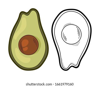 Vector illustration of avocado on a white background.Organic vegetarian product. Avocado symbols set applicable for restaurant menu or packaging, label, poster, print. Food graphic etching design.