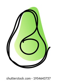 Vector illustration of avocado in one line endless style. Green and light green abstract spot background. Can be applied as a sticker, icon, logo.