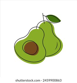 Vector Illustration Avocado with  Pit in Line Art Style, Hand Drawn Avocado, Food Vector Icon on  White Background, Sticker, Logo, Illustration for Mobile App, Website, T-shirt