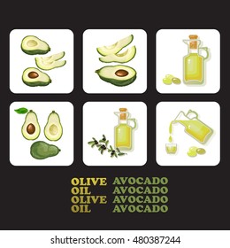 Vector illustration with avocado and slices, glass jar full of olive oil and branch isolated.   Set of avocado and olive icons. Glass bottle of premium virgin olive oil, some olives and avocado.