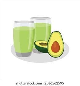 Vector illustration of avocado smoothie in cartoon flat style. Green smoothie in a jar and glass. Healthy vegetarian drink food. Organic tropical juice for detoxification lifestyle vegan