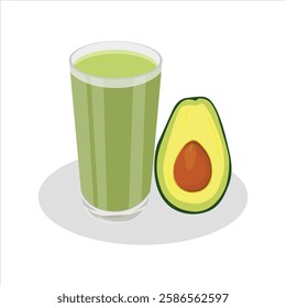 Vector illustration of avocado smoothie in cartoon flat style. Green smoothie in a jar and glass. Healthy vegetarian drink food. Organic tropical juice for detoxification lifestyle vegan