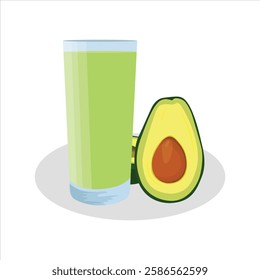 Vector illustration of avocado smoothie in cartoon flat style. Green smoothie in a jar and glass. Healthy vegetarian drink food. Organic tropical juice for detoxification lifestyle vegan