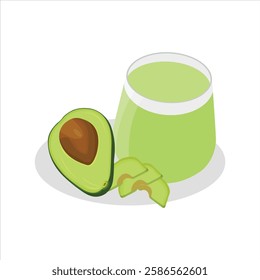 Vector illustration of avocado smoothie in cartoon flat style. Green smoothie in a jar and glass. Healthy vegetarian drink food. Organic tropical juice for detoxification lifestyle vegan