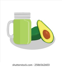 Vector illustration of avocado smoothie in cartoon flat style. Green smoothie in a jar and glass. Healthy vegetarian drink food. Organic tropical juice for detoxification lifestyle vegan