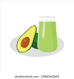 Vector illustration of avocado smoothie in cartoon flat style. Green smoothie in a jar and glass. Healthy vegetarian drink food. Organic tropical juice for detoxification lifestyle vegan